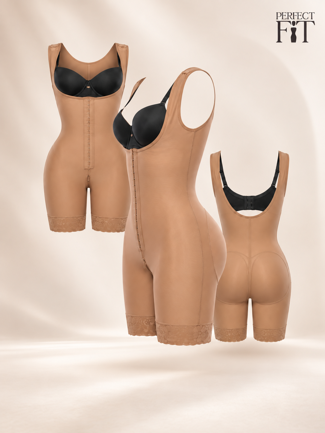 Faja Diosa de Perfect Fit en color beige, vista de frente, perfil y espalda